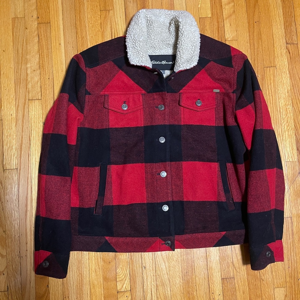 Eddie Bauer Red and Black Checkered Jacket with Sherpa Lining